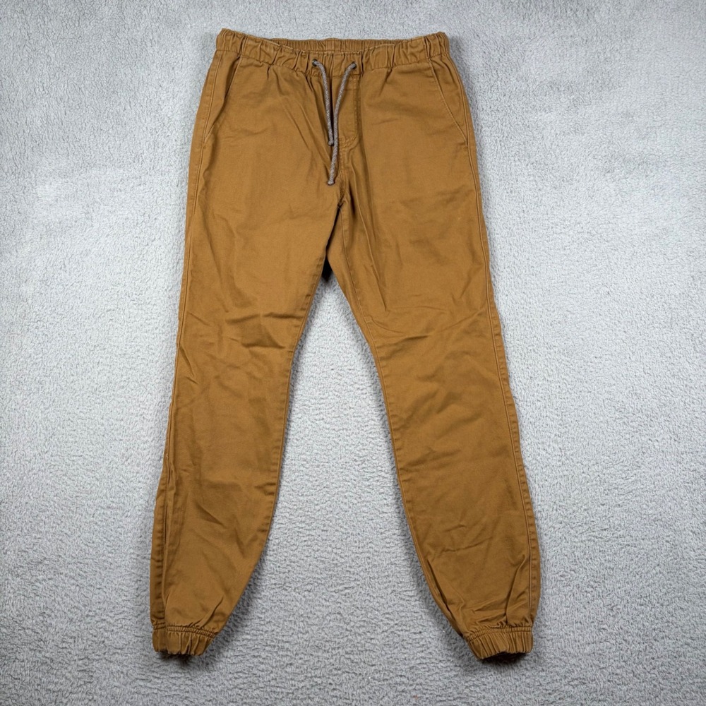 Free World Mens Jogger Pants Brown Twill Elastic Waist Size S Drawstring